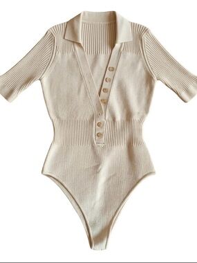 Jacquemus Cream Ribbed Polo-Style Knit Bodysuit